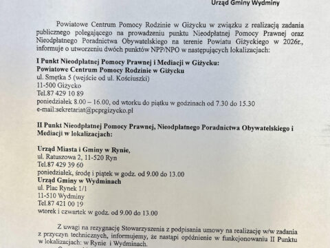 Nieodpłatna Pomoc Prawna realizowana przez PCPR na terenie powiatu giżyckiego w roku 2026